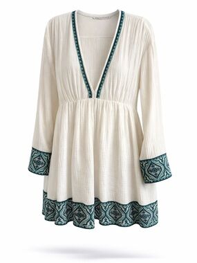 Zara Boho Embroidered Tunic Dress Cream Cotton Size M